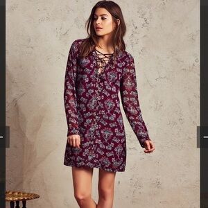 Women’s Tularusa Burgundy Lace Up Floral Long Sleeve Shift Dress Size Small